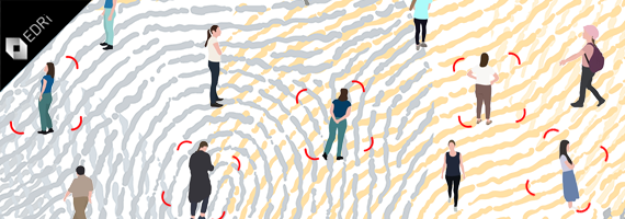 An illustration of different people standing and walking on a background of colourful fingerprints. Some people are being tracked.